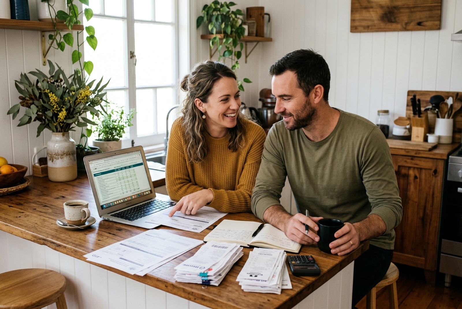 A couple sorting receipts for their tax return at the kitchen bench