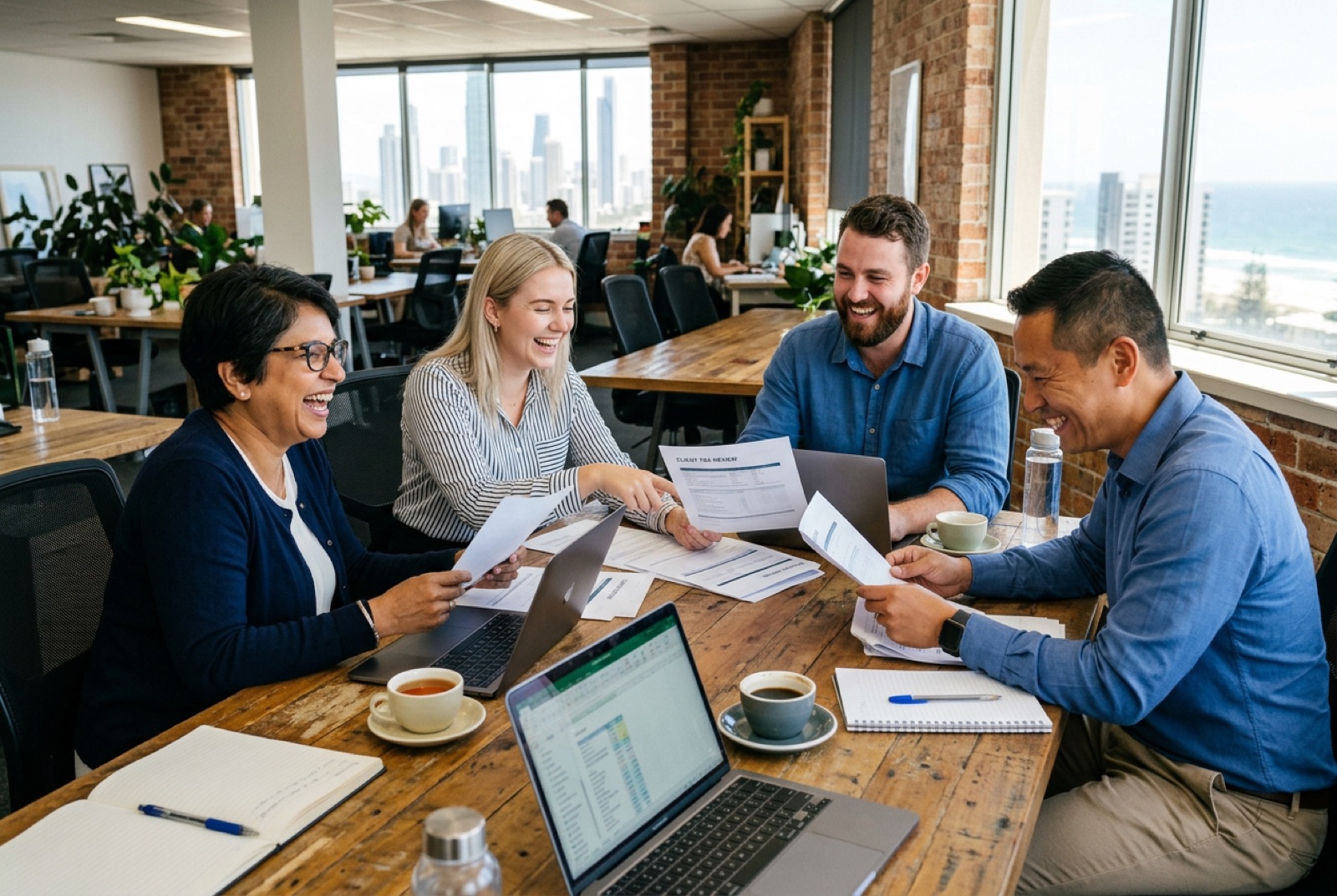 A small accounting team working through documents together