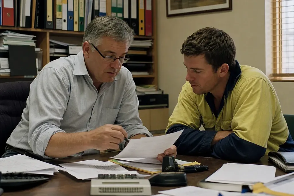 A tradie going through his paperwork with an accountant at a cluttered office desk