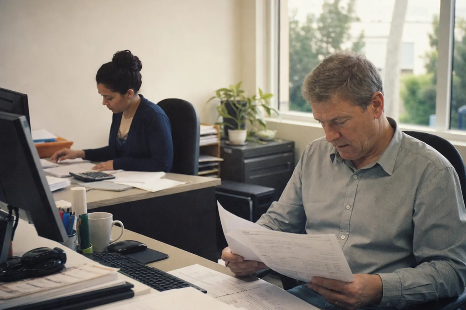 A bookkeeper at her desk and an accountant reading a report in a small office
