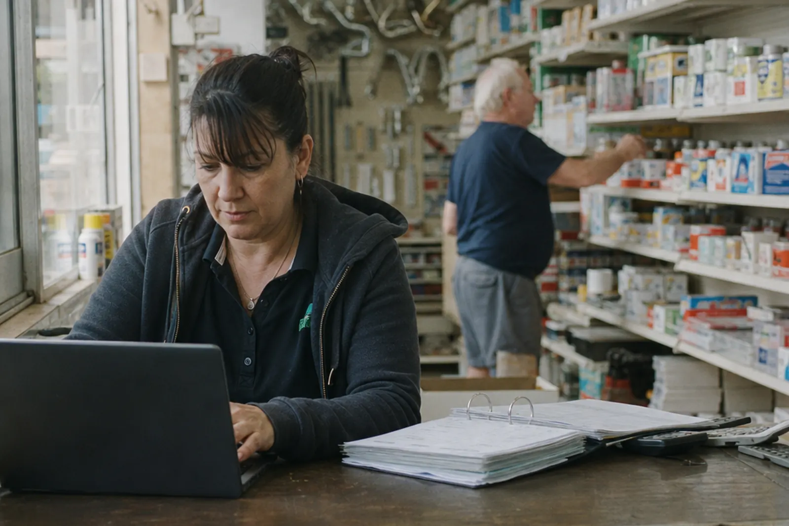 A hardware store owner doing the books on a laptop at the shop counter