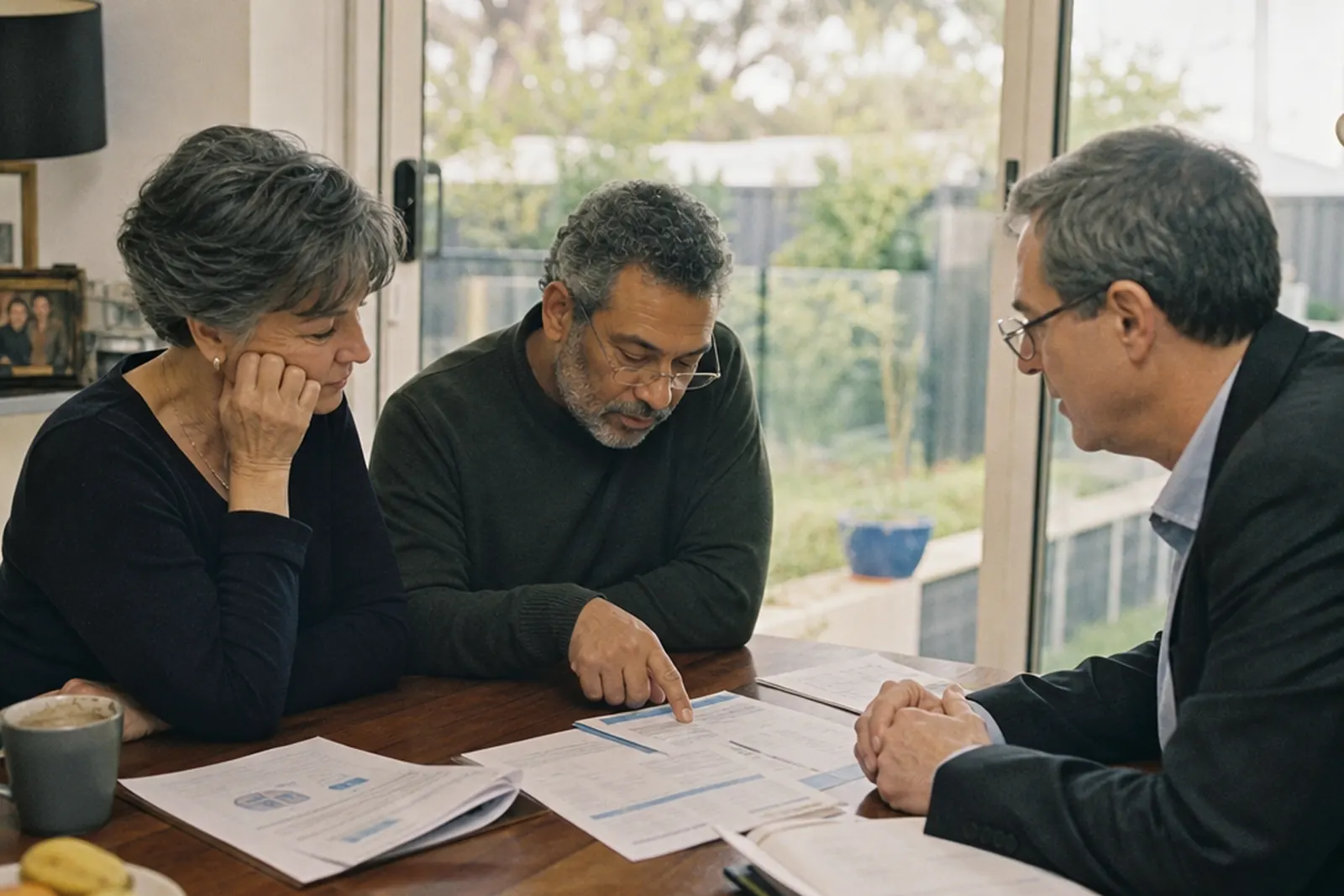 A couple going through a plan with a financial adviser at their dining table