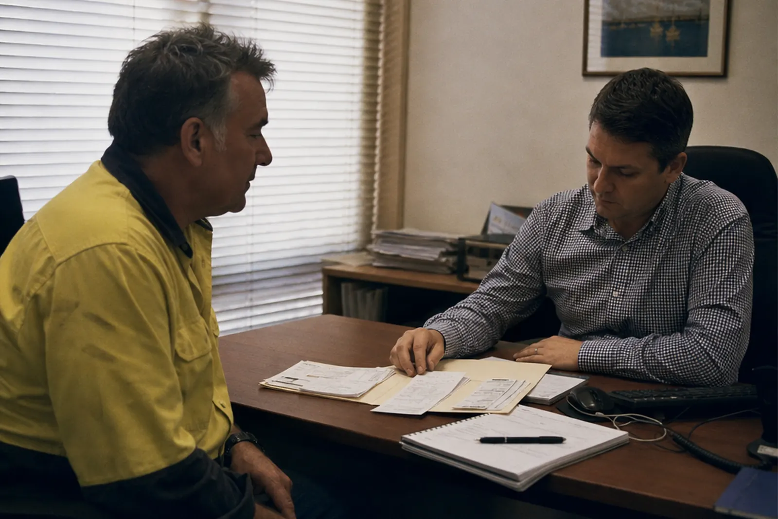 A tradie in hi-vis going through his tax return with an accountant