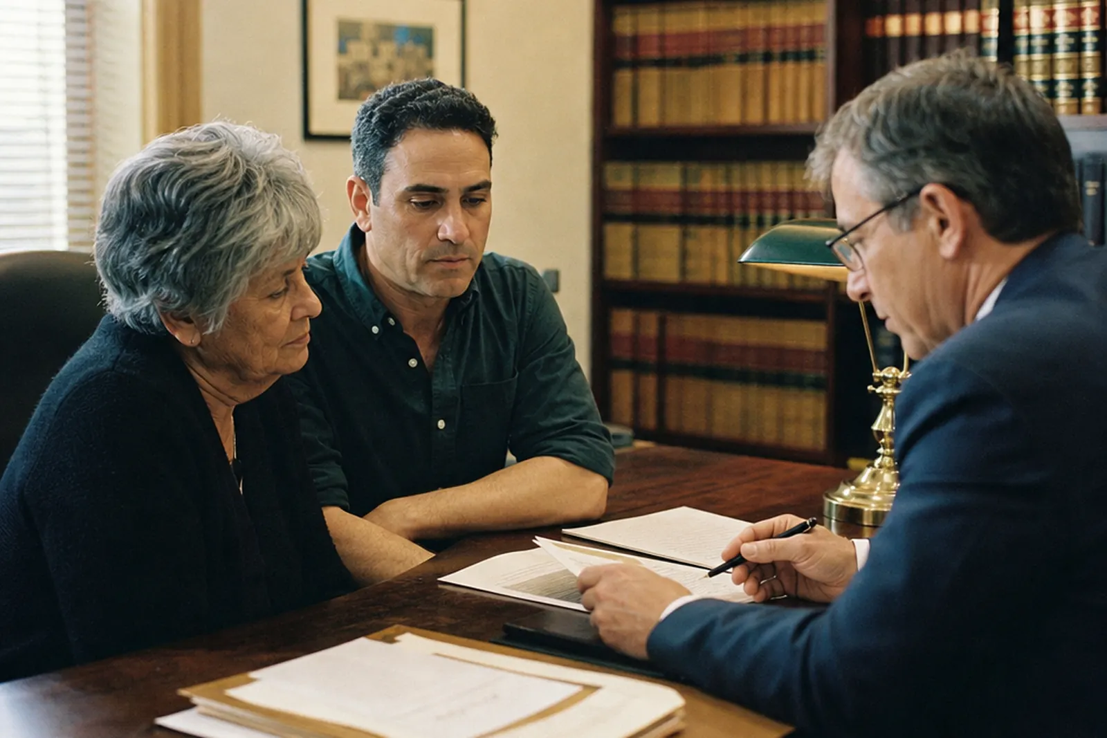 A mother and son making a will with a lawyer in his office