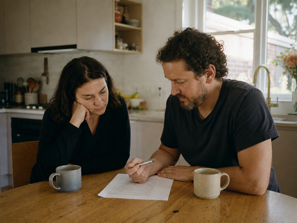A couple at a kitchen table reviewing a printed property contract with a pen and cup of tea