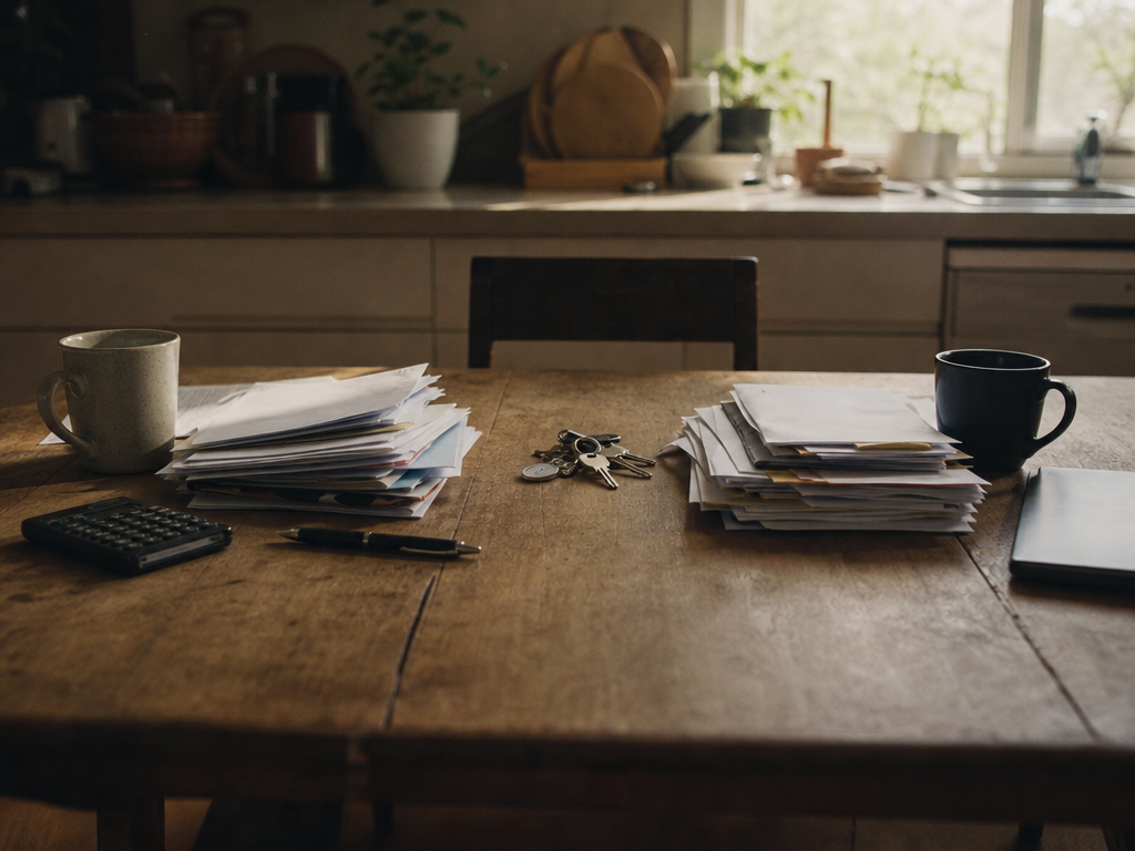 Kitchen table with two separate piles of paperwork, a calculator, house keys and two coffee mugs