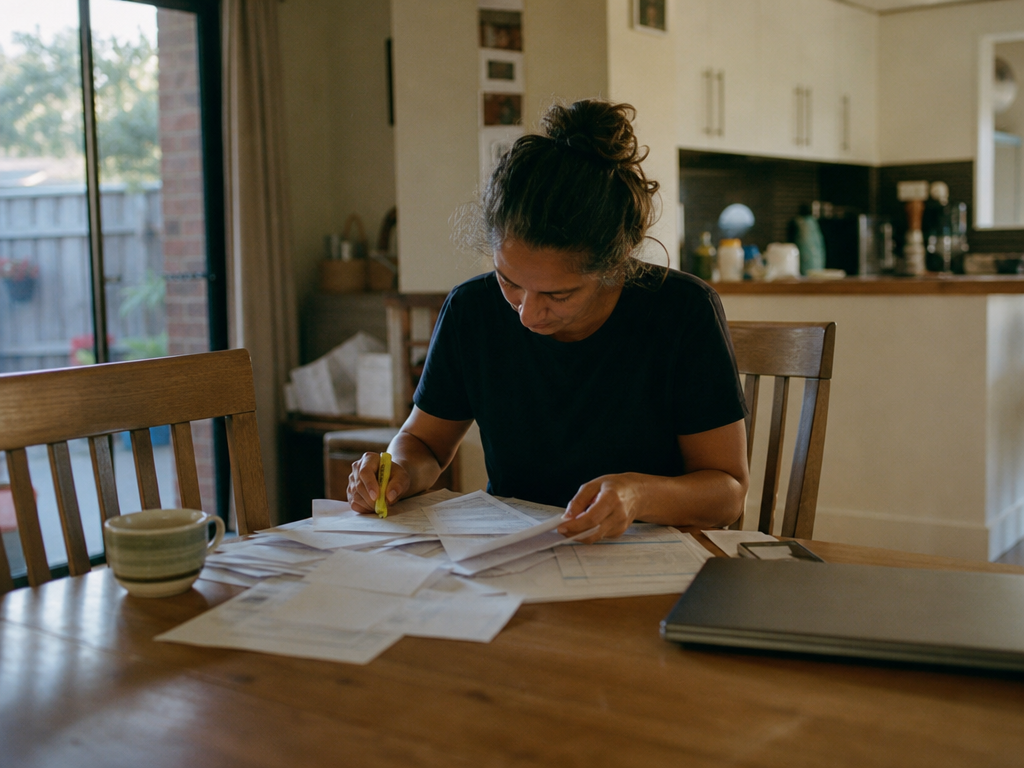 Person at a kitchen table sorting letters and statements with a highlighter beside a cup of tea