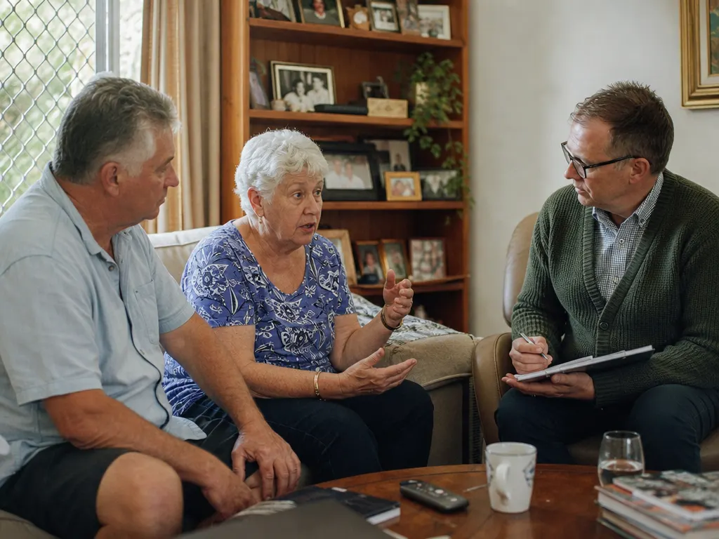 A retired couple talking through their plans with an adviser at home