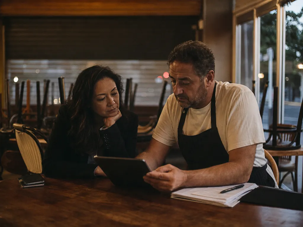 A small business owner reviewing the books after hours