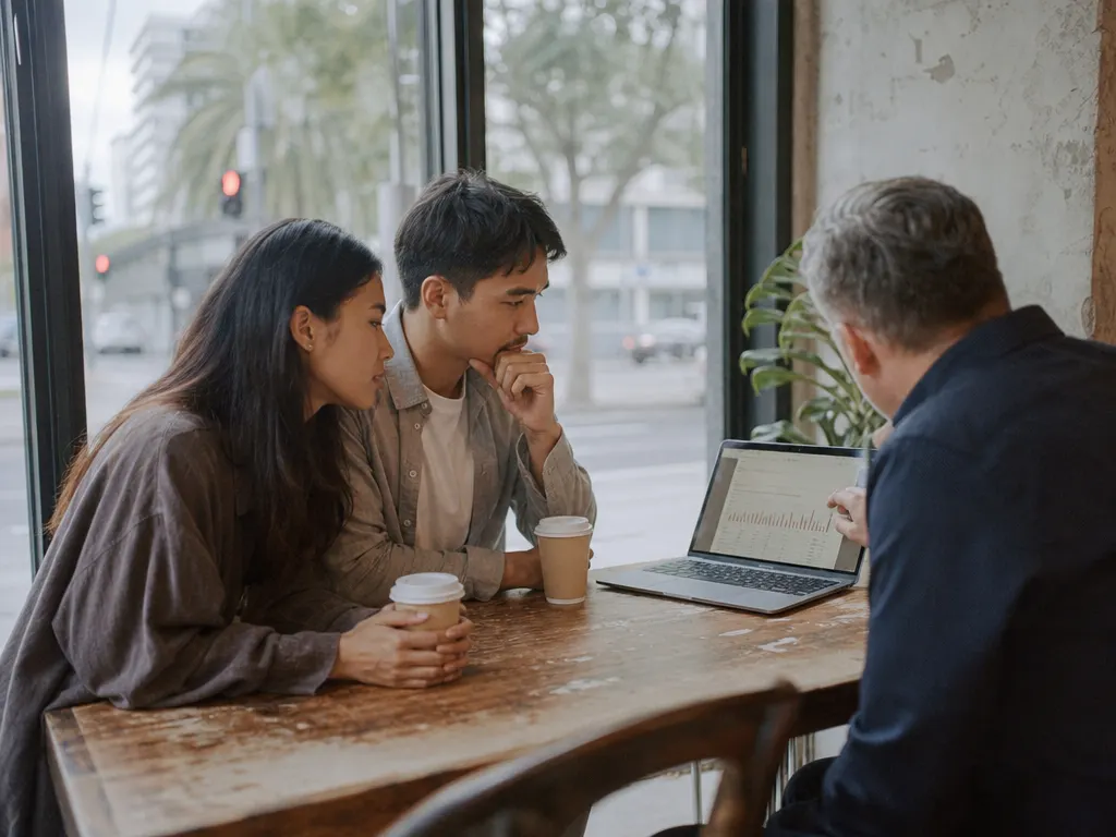 A young couple going through loan figures with a broker in a cafe