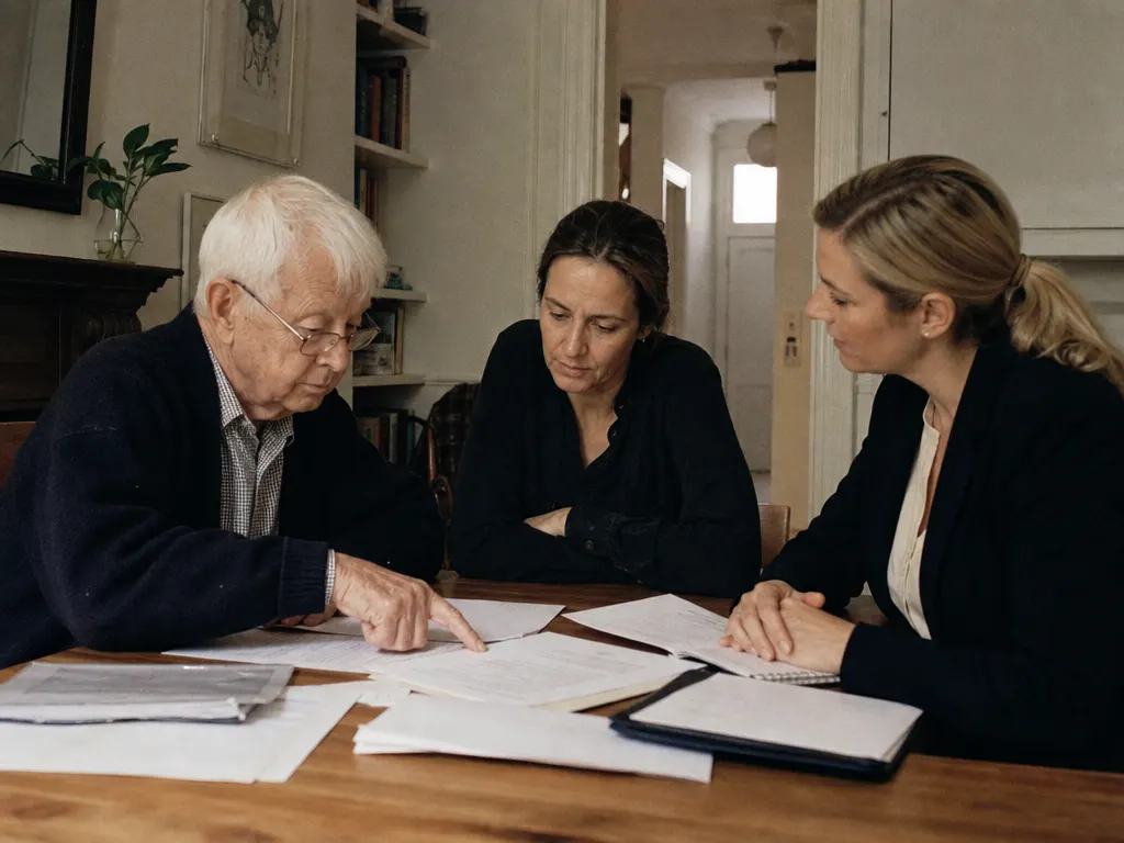 A father and daughter going through his will with a solicitor